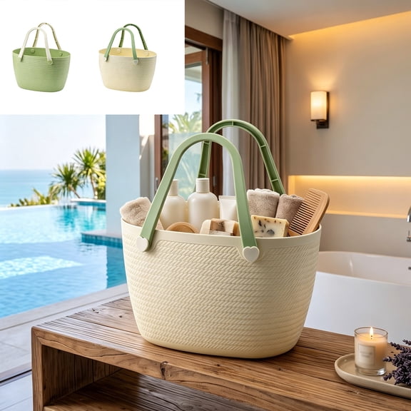 Steadline Carry Basket,Open Top Faux Rattan Container,Spacious Handheld Storage Bin For Grocery Shopping,Bathroom And Outdoor Arrangement(Green)