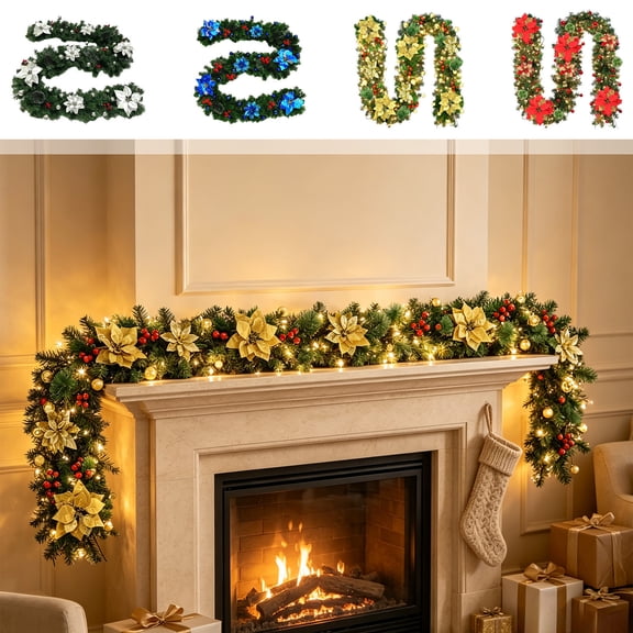 Steadline Christmas Light Garland,PVC Pine Branch Vine Pre-Assembled Timed LED Light Strings Bendable Inner Frame,Seasonal Mantel Rail Decor For Villa Courtyards Shop Front Covered Porch Displays