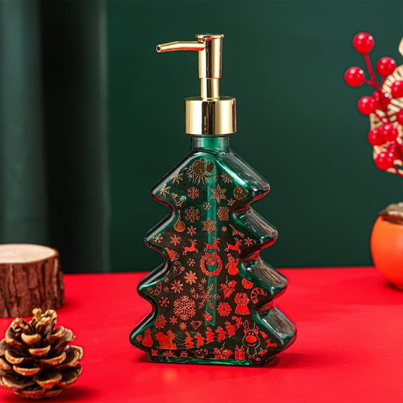 Steadline Christmas Tree Shaped Glass Soap Dispenser with Gold Accents for Bathroom Decor and Holiday Styling, Elegant Liquid Bottle for Valentine's Day Home Refresh and Winter Entertaining
