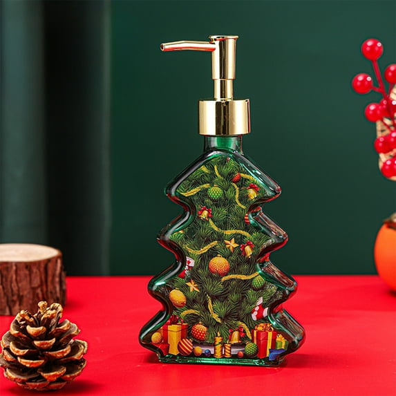 Steadline Christmas Tree Shaped Glass Soap Dispenser with Gold Accents for Bathroom Decor and Holiday Styling, Elegant Liquid Bottle for Valentine's Day Home Refresh and Winter Entertaining