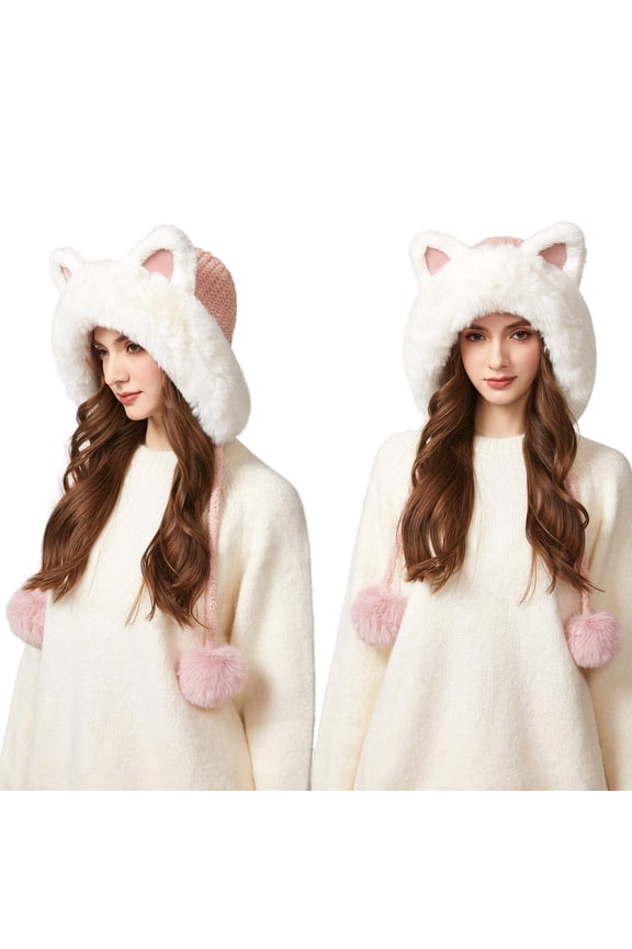 Color Block Cat Ears Knit Hat,Cute Cartoon Fleece Lined Winter Beanie with Fluff Ball,Warm Windproof Hat for Women and Girls