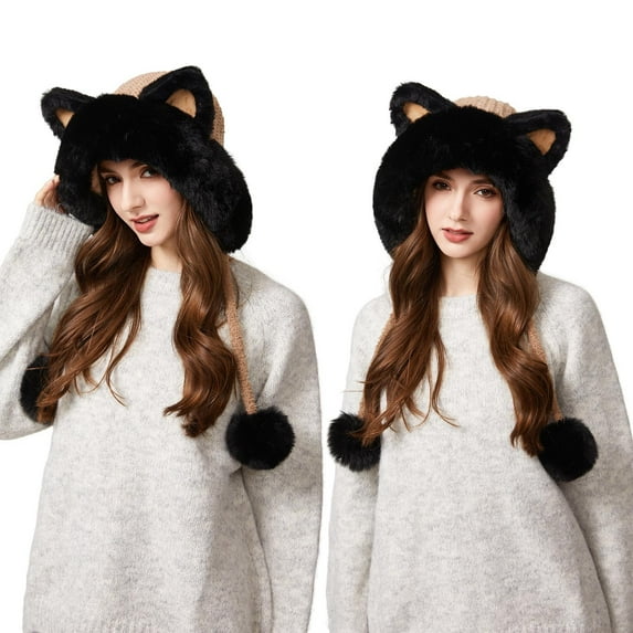 Steadline Color Block Cat Ears Knit Hat,Cute Cartoon Fleece Lined Winter Beanie with Fluff Ball,Warm Windproof Hat for Women and Girls