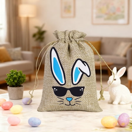 Steadline Easter Bunny Linen Drawstring Bag,Reusable Candy Pouch for Easter Egg Hunt and Party Favors,Cute Holiday Gift Bag for Kids and Family Celebration