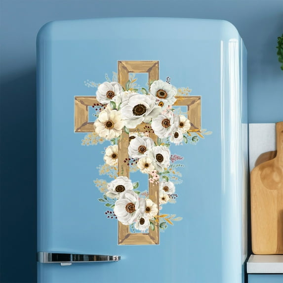 Steadline Easter Cross Window Decoration Stickers with Botanical Flowers - Removable Holiday Vinyl Clings for Glass Doors and Refrigerators with Religious Theme and Spring Design