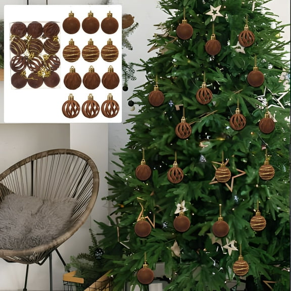 Steadline Flocked Christmas Ball Ornaments Set Of 12 - Velvet Finish Tree Decorations With Metal Hooks Classic Brown Color With Soft Texture For Festive Holiday Display