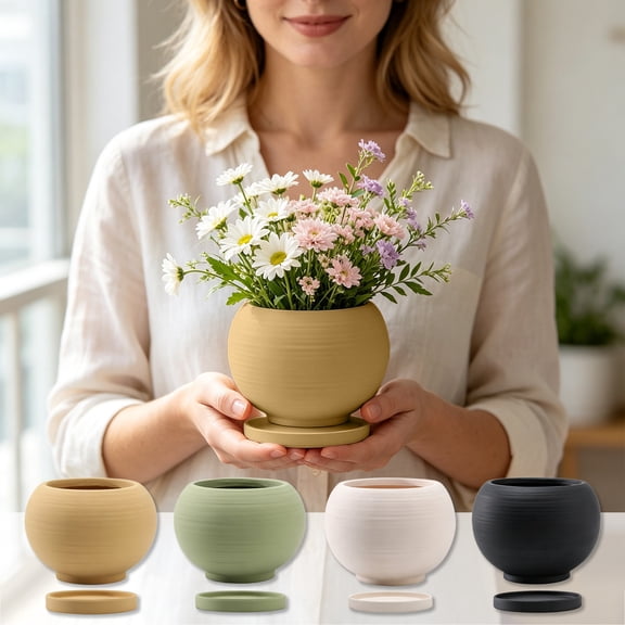 Steadline Flower Vase,Spherical Striped Ceramic Container With Matching Tray,Multi Purpose Planter For Fresh Blooms,Dried Foliage And Desktop Home Decor(Black)