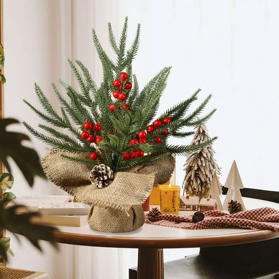 Steadline Mini Burlap Base Christmas Tree - 12-Inch Artificial Pine with Red Berry Accents - Compact Holiday Decor for Desk and Shelf Display - Natural Seasonal Centerpiece