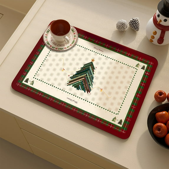 Steadline Red Christmas Linen Placemat - Washable Stain Resistant Table Mat with Holiday Print for Dining Room Kitchen Festive Decor Insulation Pad