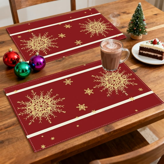 Steadline Red Christmas Linen Placemat - Washable Stain Resistant Table Mat with Holiday Print for Dining Room Kitchen Festive Decor Insulation Pad