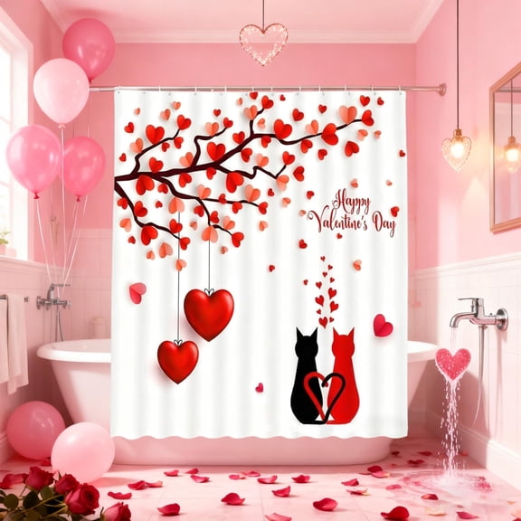 Steadline Romantic Valentine's Day Shower Curtain - Waterproof Polyester Bathroom Decor with Heart Rose Print, Complete with 12 Hooks for February 14th Love Theme Home Decoration