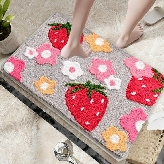 Steadline Strawberry Pattern Bath Mat Non Slip Absorbent Floor Rug with Floral Design for Bathroom Bedroom Decor Machine Washable Home Accent Piece