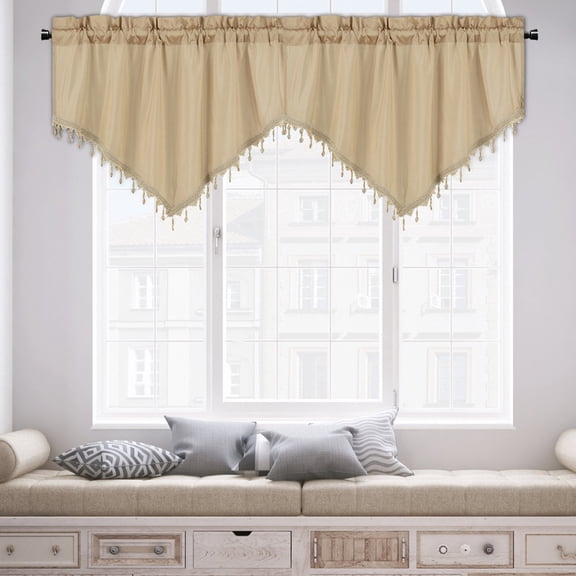 Steadline Triangular Valance Kitchen Curtain with Fringe Detail - Semi Sheer Window Treatment for Casual Dining Area and Breakfast Nook