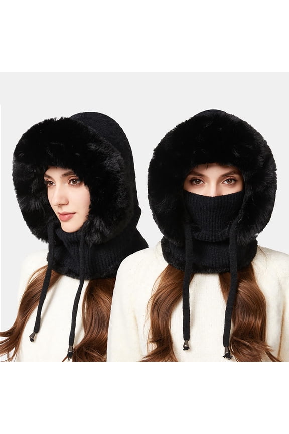 Upgraded Thickened Knit Balaclava with Fur Trim,3-in-1 Winter Hat with Scarf and Mask,Windproof Fleece Lined Headwear for Extreme Cold Weather