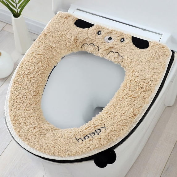 Steadline Winter Plush Toilet Seat Cover With Cute Puppy Design,Thickened Insulated Zippered Pad For Bathroom Comfort,Waterproof Washable Universal Fit For All Season Use