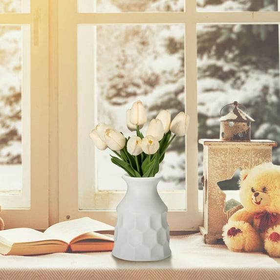 SteadlineModern Decorative Flower Vase Plastic Home Decor 5 Inches Tall Centerpiece for Fresh Dried Flowers Bouquet Arrangement Living Room Shelf Desk Wedding Party Decorations White