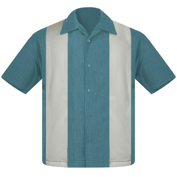 Steady Clothing Men's Pop-Check Double Panel Bowling Shirt Sea Foam Stone Small