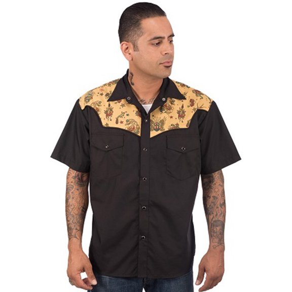 Steady Clothing Tattoo Flash Western Button Up Shirt Black M