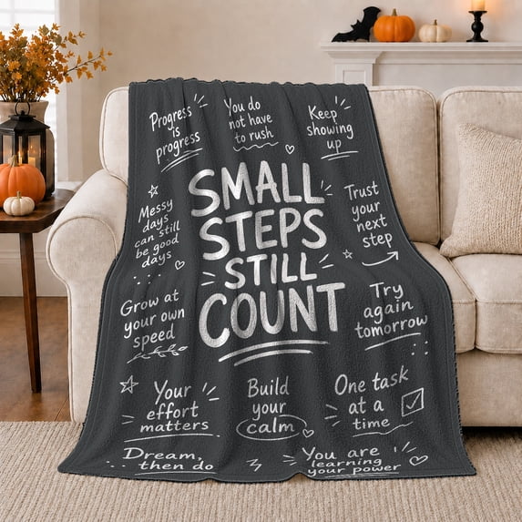 Steady Steps Count Quote with White Doodles, Uplifting Graphic Style for Mindfulness Fans, Progress Message and Graduation Gift, Cozy Flannel Blanket for Dorm and Study Room, Peaceful Home Decor