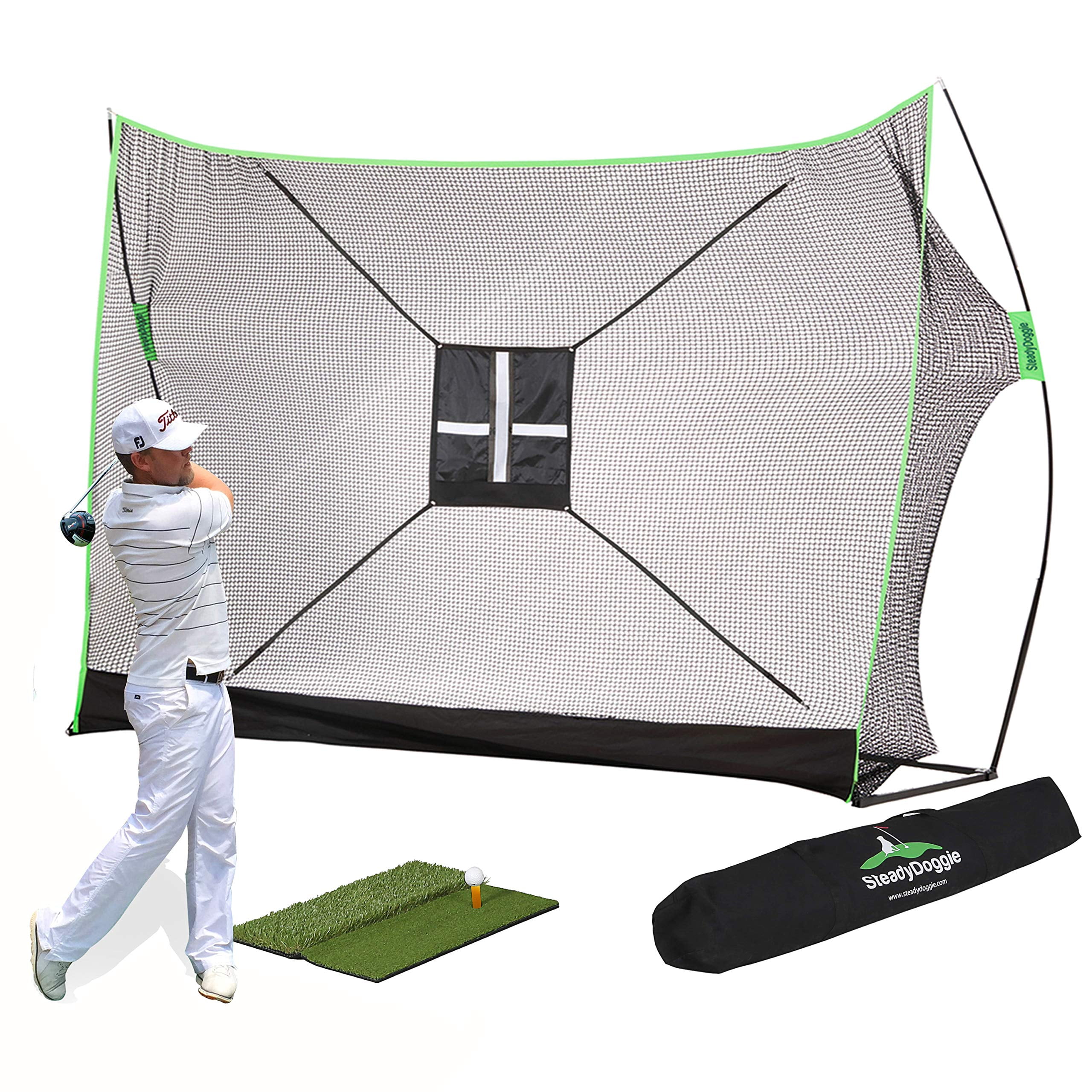 Portable SteadyDoggie 10x7ft Golf Training Net with Swing Practice Mat