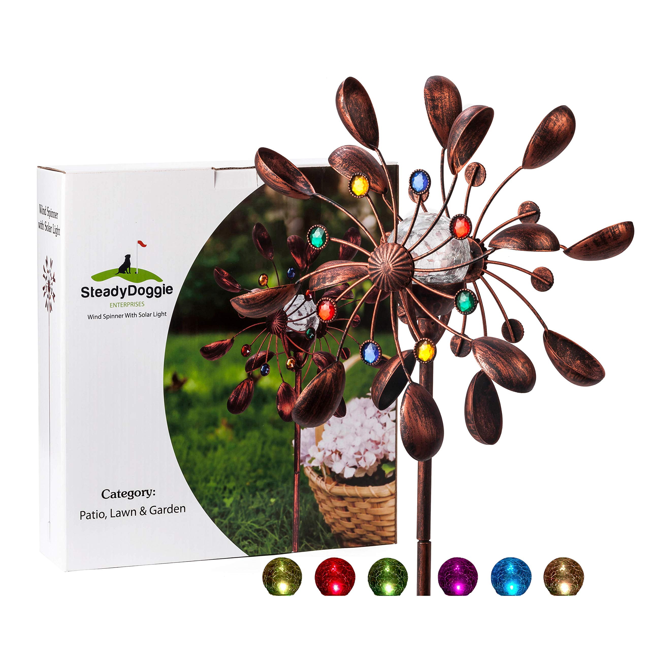 75-Inch Bronze Metal Solar-Powered LED Wind Spinner