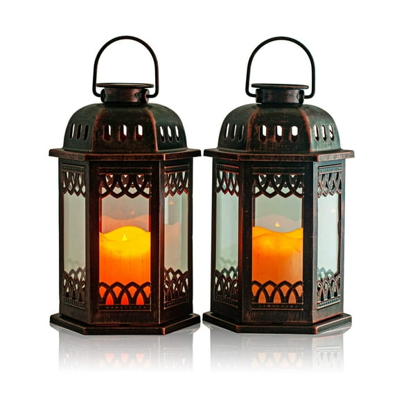 Steadydoggie Metal Hanging Solar Lights with Flickering Candle LED - Retro Ornate, 2 Pack Bronze