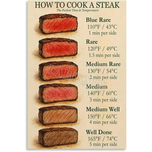Steak Doneness And Temperature Guide Chart Poster For Bedroom Living Room Poster