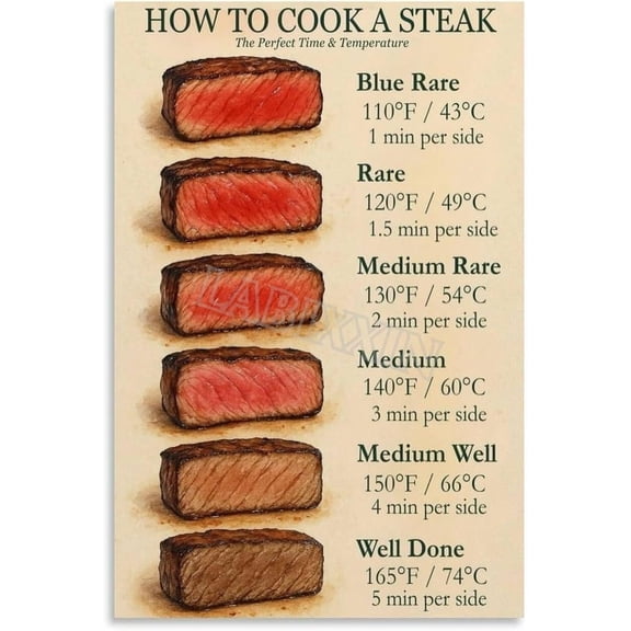 Steak Doneness And Temperature Guide Chart Poster for Bedroom Living Room