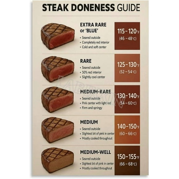 Steak Doneness And Temperature Guide Chart Poster for Bedroom Living Room