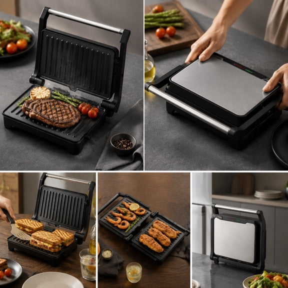 Steak Grilling Press Breakfast Sandwich Maker 180 Degree Flat, Non Stick Grooved Plates Floating Hinge, Indicator Lights Removable Drip Tray Compact, Home Indoor Grill Burgers Steak Daily Meals Use