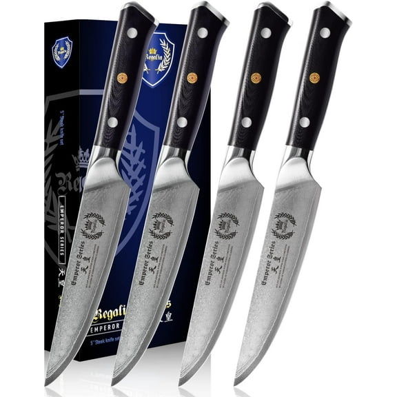 Steak Knife Set - 4 Piece - 5 Inch Damascus Steel AUS-10V High Carbon Steel Blade - G-10 Garolite Ergonomic Handle