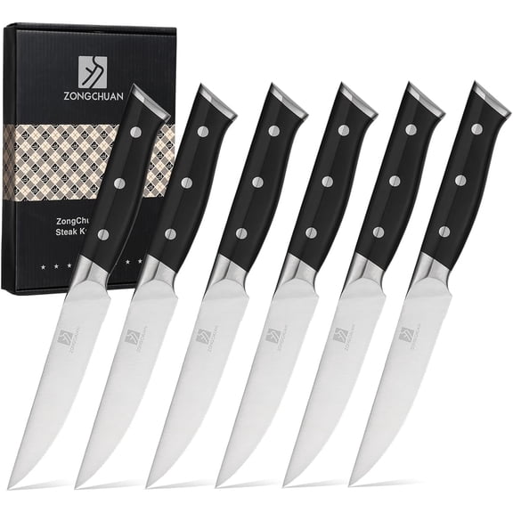 Steak Knives,4.5 Inch Steak Knives Set of 6, Micro-Cutting Point Serrated Edge, Very Sharp Steak Knife, Dishwasher Safe, 50CR15MOV Stainless Steel, Handle Ergonomic And Full Tang Design With Gift Box