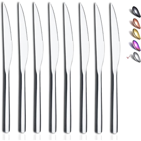 Steak Knives, 8 Piece Premium Stainless Steel Steak Knife Set, Meat Knife Sets, German Steak Knives Serrated, Tomato Knife, For Home, Kitchen or Restaurant, Dishwasher Safe (Silver-9.2 Inch)