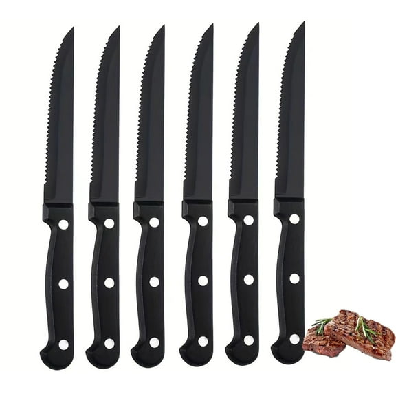 Steak Knives Serrated Set of 6, Stainless Steel Steak Knife Set, Restaurant Quality, Stainless Steel, 4.25-Inch, Sharp Tip(Black)