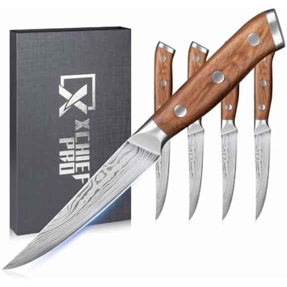 Steak Knives Set of 4-4.5 Inch Damascus Pattern Ultra-Sharp High Carbon Stainless Steel Blade Fruit Knife, Professional Paring Knives Sets, Christmas Gifts with Gift Box