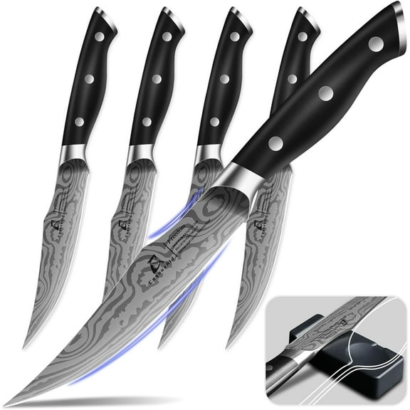 Steak Knives Set of 4, 4.8 Inch Fine-Edge Super Sharp Table Knives with Rest, Premium Germany Stainless Steel Ergonomic Handle, Elegant Black Ideal for Gift