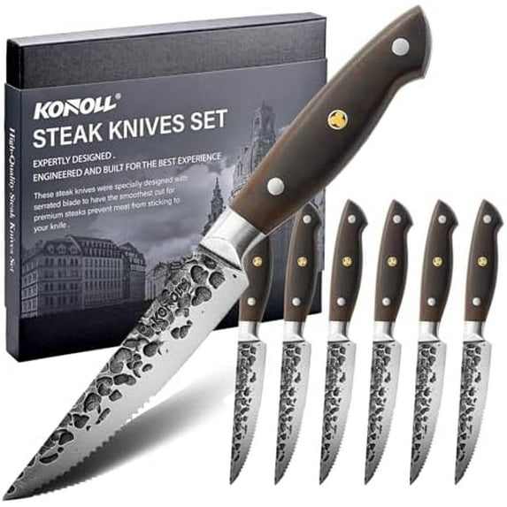 Steak Knives Set of 6 Steaks Knife 5 inches Half Serrated Blade Forged Handmade with Japanese AUS-8 Premium Carbon Steel with Full Tang Rose Wood Handle$$Home Decor, Kitchen, & Other