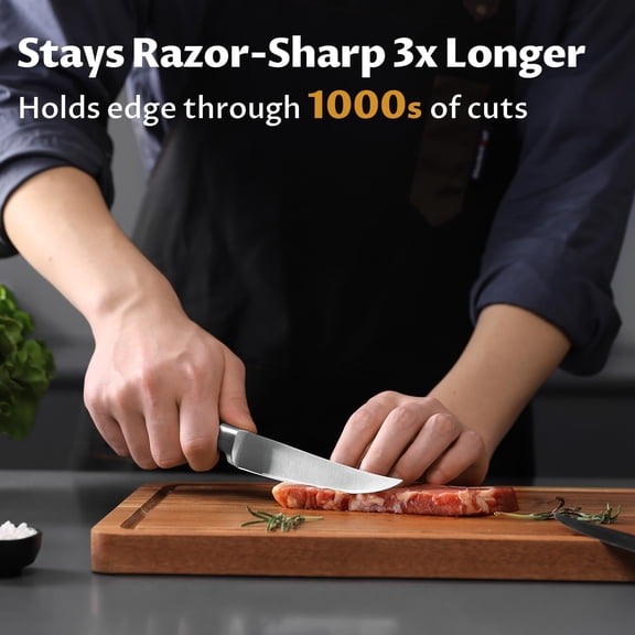 Steak Knives Set of 8, 5 Inch Non Serrated Steak Knife with Beech Block, Razor-Sharp German Stainless Steel Dinner Knives, Durable Full Tang Forged Straight Edge Meat Knife for Home Dining&Gift