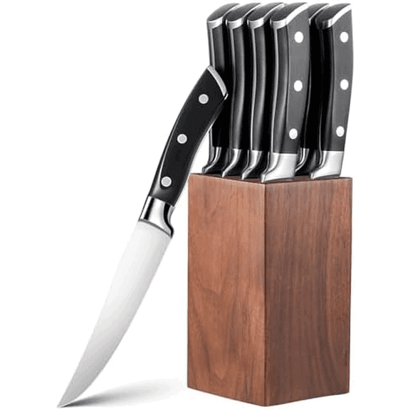 Steak Knives Set of 8, 5 Inch Non Serrated Steak Knife with Walnut Block, Razor-Sharp German Stainless Steel Dinner Knives, Durable Full Tang Forged Straight Edge Meat Knife for Home Dining&Gift