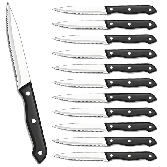 MYVIT 12 PCS Black Serrated Steak Knives Set, Stainless Steel Kitchen Dinner Knife for Home Restaurant Party Wedding Meat Cutting, Dishwasher Safe