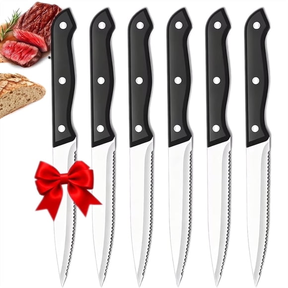 MYVIT Steak Knives Set 6 Piece Serrated Meat Cutting Dinner Knife Dishwasher Safe Stainless Steel Black Kitchen Knife Cooking Tool