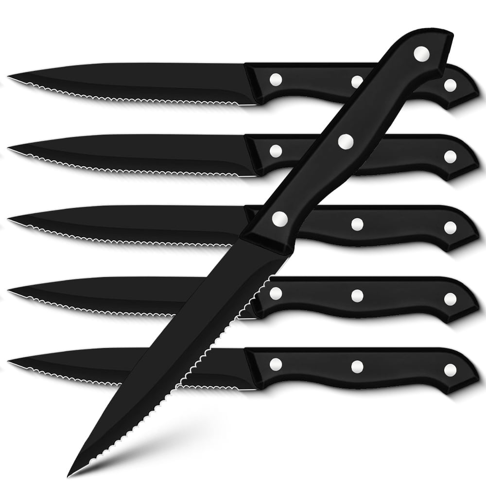 Steak Knives Set of 6,Sharp dinner Knife Full Tang Stainless Steel meat cutting knife serrated Steak Knife Dishwasher Safe,Black