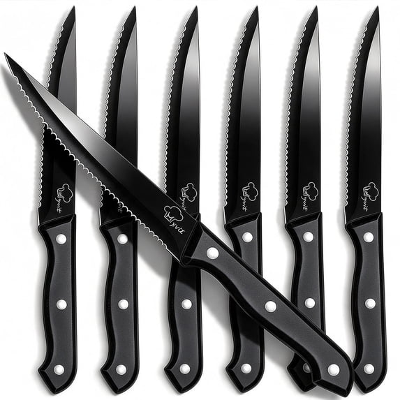 Steak Knives Set of 6,Sharp Serrated Dinner Knife Kitchen Cutting Knife for Meat Cheese Stainless Steel Black Knife Cutlery Set Dishwasher Safe