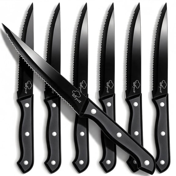 Steak Knives Set of 6,Sharp Serrated Dinner Knife Kitchen Cutting Knife for Meat Cheese Stainless Steel Black Knife Cutlery Set Dishwasher Safe