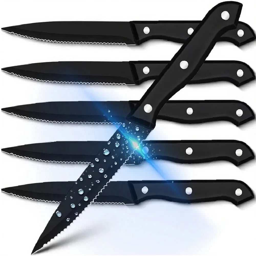 Steak Knives Set of 6,Sharp Serrated Dinner Knife Kitchen Cutting Knife for Meat Cheese Stainless Steel Black Knife Cutlery Set Dishwasher Safe