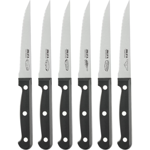 Steak Knives Set of 6, Stainless Steel Serrated Steak Knife Set (Unique Pattern on Each Blade)