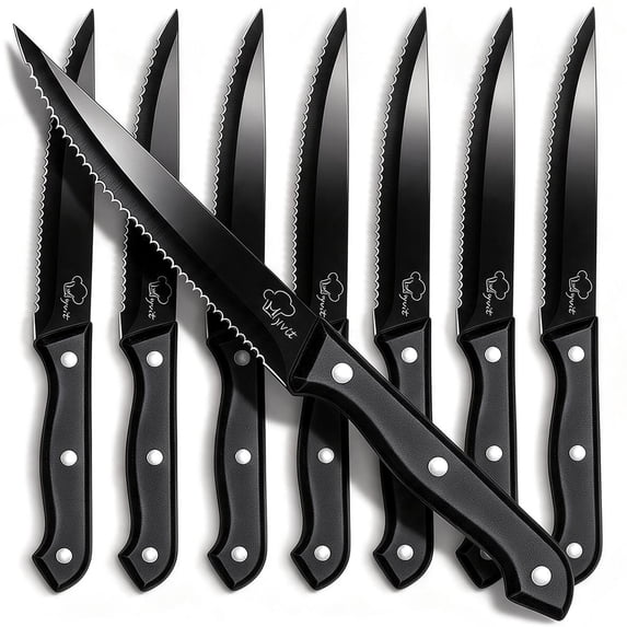 Steak Knives Set of 8,Sharp Serrated Dinner Knife Kitchen Cutting Knife for Meat Cheese Stainless Steel Black Knife Cutlery Set Dishwasher Safe