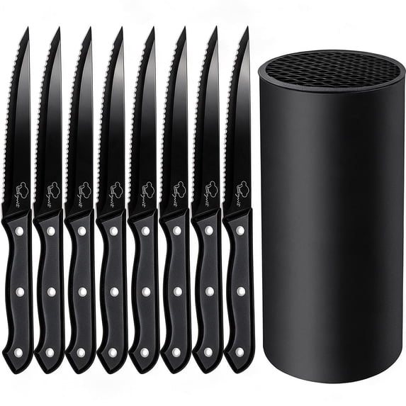 Steak Knives Set of 8 with Holder,Stainless Steel Serrated Kitchen Knives 6-Piece Cutting Knife in Knife Block, Dishwasher Safe