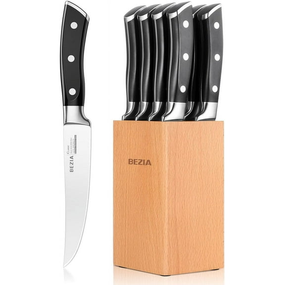 Steak Knives Set with Block, Non Serrated Steak Knife Set of 8, 5 inch Razor Sharp German Steel Steak Knives Set - Full Tang Handle