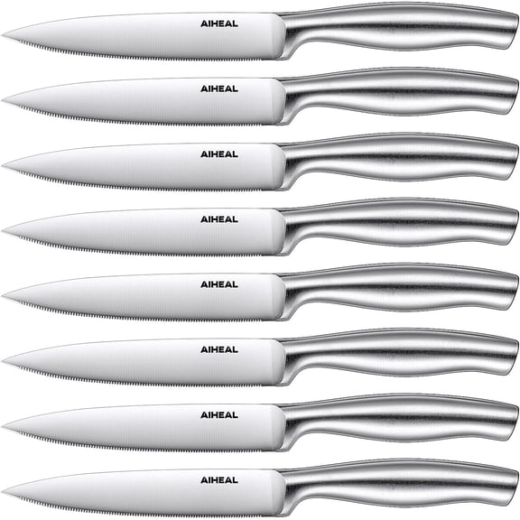 Steak Knives, Stainless Steel Steak Knives Set of 8, Never Needs Sharpening Dinner Steak Knife Set, Sharp Micro Serrated Knives