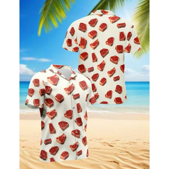 Steak Pattern Hawaiian Shirt for Men, Vintage Style, Button Down Summer Beach Short Sleeve, S-5XL